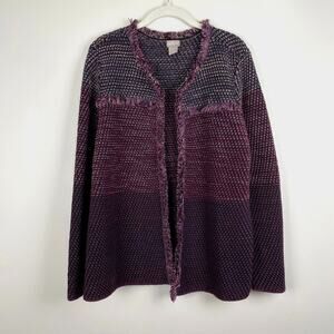 Chicos Marled Fringe Cardigan Sweater Purple Colorblock Metallic Knit Jacket XL